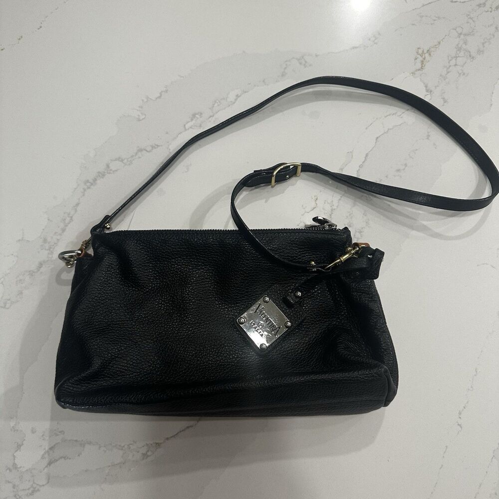 Valentina Handbag Black Pebbled Leather Shoulder Purse Made In Italy